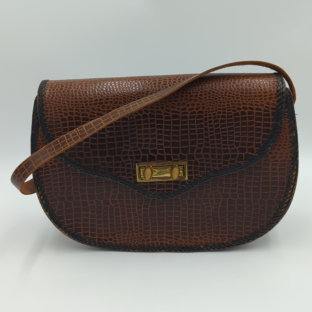 Vintage 60s Crocodile Leather Handbag Brown Women's Braid Trim Retro Tooled